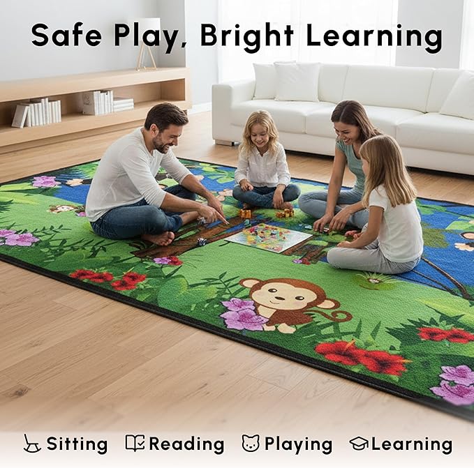 SAFECASTLE Kids Carpet Monkey Jungle Rug – Monkeying Around 4’4” x 5’6” – Educational Play Rug with Monkeys, Flowers & Trees – Fun Area Rug for Playrooms & Classrooms – Durable Nylon Seating Carpet