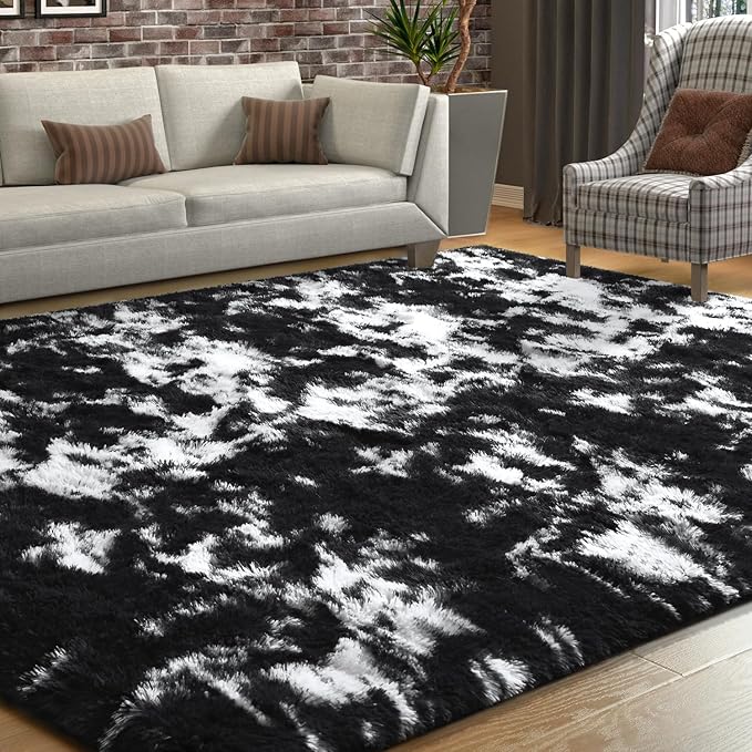 EVOIONOS Area Rug for Living Room Bedroom, Washable 5x8 Fluffy Shag Large Rug, Soft Plush Non Slip Carpet for Indoor Floor Bedside Nursery Kids Room, Home Decor Aesthetic, Tie-Dyed Black and White