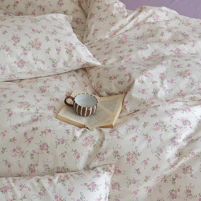 LifeTB Pink Flower Duvet Cover Twin 100% Cotton Girls Cottagecore Bedding Set 3 Pieces Botanical Floral Comforter Cover with Zipper Closure Vintage Country Bedding Cute Floral Duvet Cover Twin
