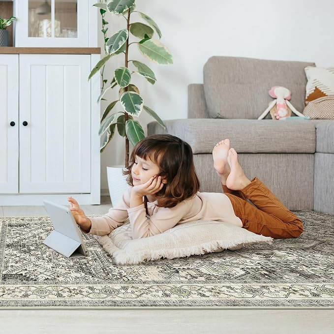 WITSHOCK Living Room Area Rugs 3x5: Washable Rug Boho Soft Non-Slip Low Pile Stain Resistant Foldable Carpet for Bedroom Playroom Dining Room Office Kitchen Farmhouse Home Decor Rug-Brown/Lvory