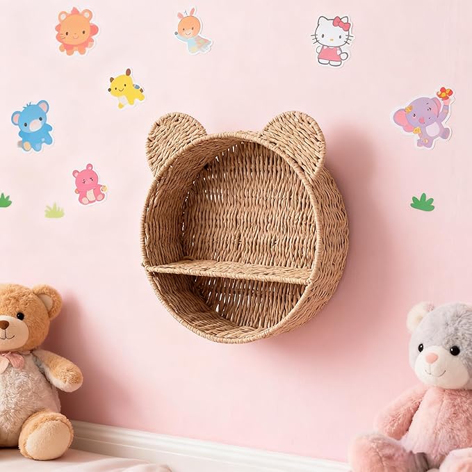 Bear-Shaped Wicker Wall Shelf – Handmade Woven Nursery Bookshelf for Kids Room, Boho Wall-Mounted Storage Organizer for Toys, Books & Décor