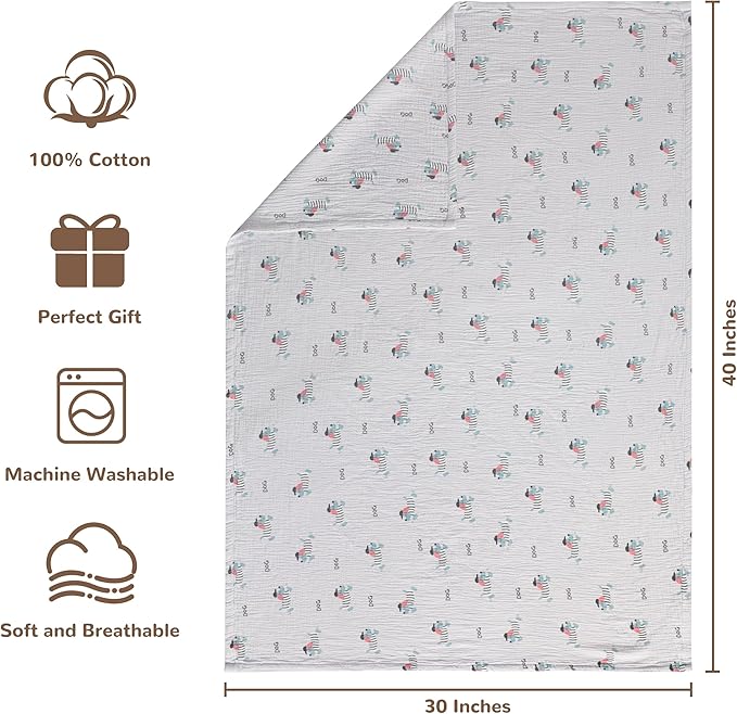 NTBAY 4 Layer Muslin Cotton Blanket, 30x40 Soft and Breathable Receiving for Newborns and Infants, Perfect for Crib, Stroller, Travel, Lightweight Nursery Blanket, Striped Dog