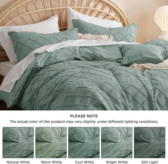 Bedsure Boho Cal King Duvet Cover - Green Breathable & Soft Boho Bedding, Machine Washable Comforter Cover for All Seasons, Includes 1 Duvet Cover 104"x98" with 2 Pillow Shams & Zipper Closure