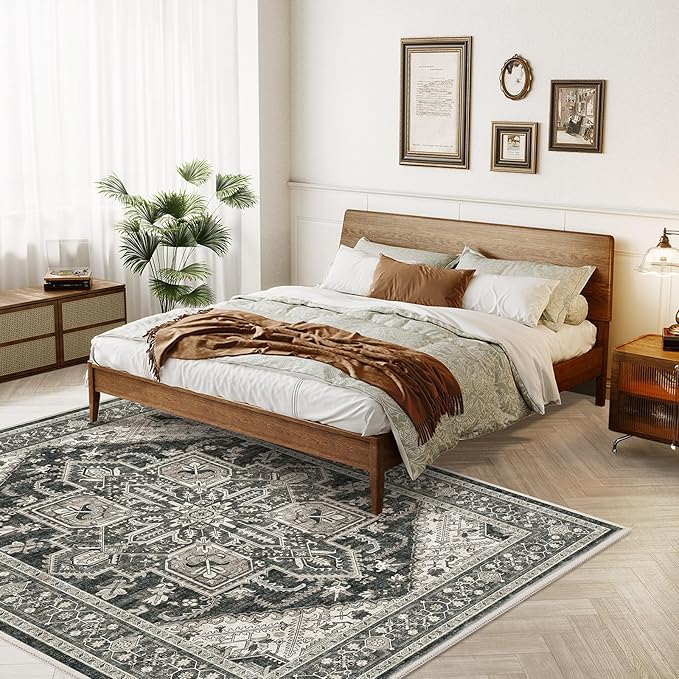WITSHOCK Living Room Area Rugs 8x10: Washable Rug Boho Soft Non-Slip Low Pile Stain Resistant Foldable Carpet for Bedroom Playroom Dining Room Office Kitchen Farmhouse Home Decor Rug-Bitter Black