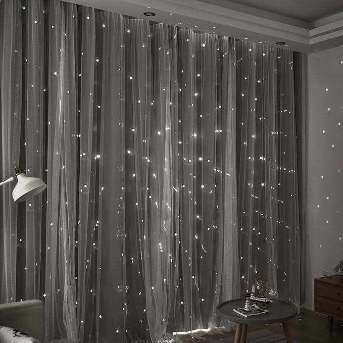 Kinryb Kids Blackout Curtains for Bedroom/Living Room/Classroom, Sheer Overlay 72 Inches 2 Panel Set, Double Layer Curtains with Star Cutout for Kids Room(W 52 x L 72 Inches,Silver Grey 2 Pcs)