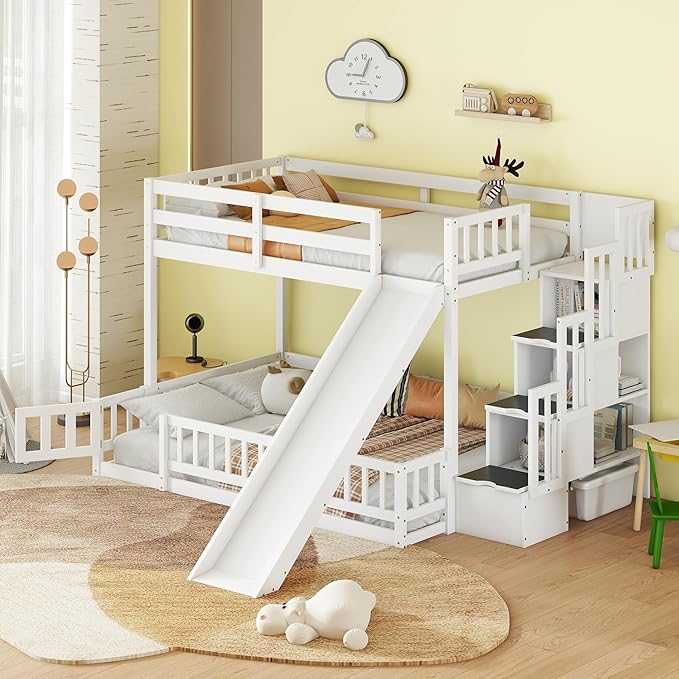Twin Over Full Bunk Bed with Slide, Solid Wood Bunk Bed with Safety Guardrails and Storage Staircase for Kids Teens Boys Girls Bedroom, Space Saving Design (White-30c)