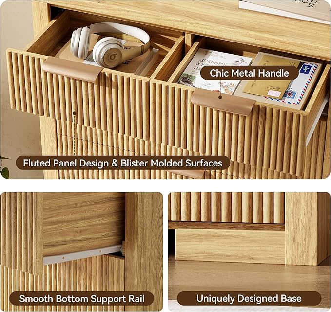 Fluted Dresser for Bedroom, 45" Tall Modern Chest of Drawers with 6 Drawers, Wood Closet Clothes Storage Organizer for Living Room, Wooden Dresser for Hallway, Natural Oak