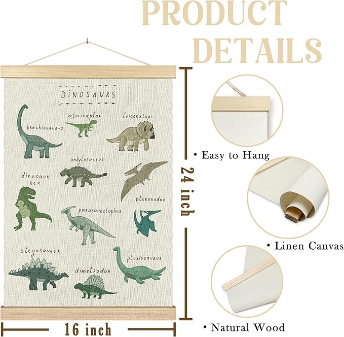 BCUANGD Dinosaur Dino Wall Decor - Baby Toddler Boys Room Wall Art Poster Hanger with Wood Frames, Inspirational Wall Hanging Canvas Decor for Kids Room Nursery Bedroom, 16x24 Inches