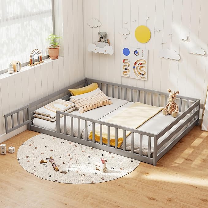 KOMFOTT Full Size Wood Floor Bed with Door & Fence, Montessori Bed Frame with Full Length Safety Guardrails, Door & Latch, Wooden Montessori Floor Bed for Kids, Girls, Boys (Full,Grey)