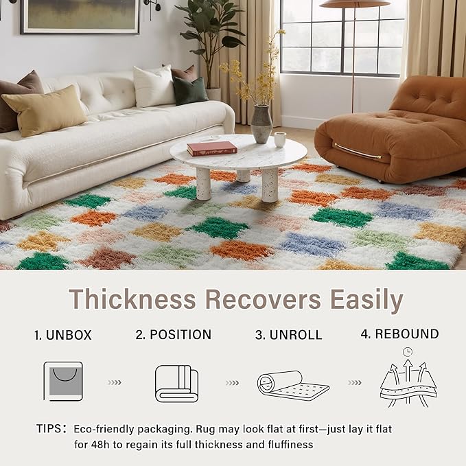 Checkered Rug 4x6 for Living Room, Modern Neutral Shag Rug Super Soft Washable Fluffy Rugs Indoor Fuzzy Carpet for Bedroom Home Dorm Aesthetic Decor
