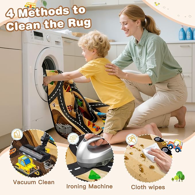 Kids 4x6 Ft Construction Site Car Rug - Extra Thick (0.4in),Tufted Wool & Rubber, Non-Slip, Stain & Fade Resistant, Machine Washable, Rustic Cartoon Construction Site Pattern