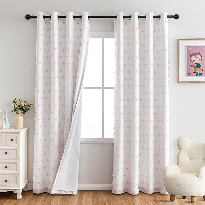 MYSKY HOME 100% Blackout Curtains for Girls Bedroom 80 Inch Long Total Light Blocking Curtains for Living Room 2 Panels Room Darkening Grommet Window Drapes with Pink Pom Pom Sheer 52W x 80L