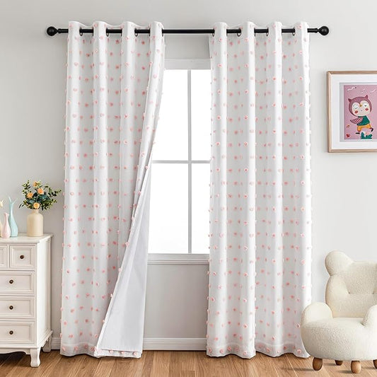 MYSKY HOME 100% Blackout Curtains for Girls Bedroom 80 Inch Long Total Light Blocking Curtains for Living Room 2 Panels Room Darkening Grommet Window Drapes with Pink Pom Pom Sheer 52W x 80L