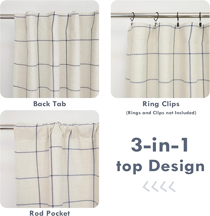 DriftAway 2 Panels 100% Blackout Windowpane Plaid Linen Curtains Double Layer Drapes for Bedroom 102 Inches Long Farmhouse Thermal Insulated 3.25 Inch Rod Pocket Back Tab for Living Room Navy