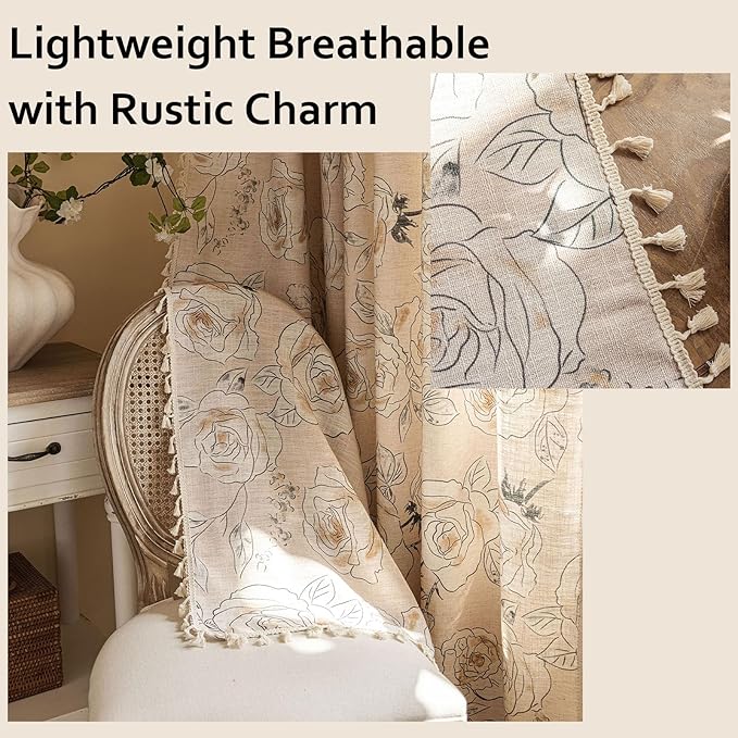 OYX Boho Floral Semi-Blackout Curtains for Bedroom, 2 Panels 52x63 Inches, Grey Rose Vintage Country Pattern with Tassels, Rod Pocket Design, Farmhouse Window Treatments