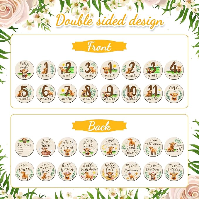 Tiamon 16 Pieces Wooden Baby Monthly Milestone Cards Monthly Milestone Marker Discs Double Sided Wooden Circles Months Signs for Baby Shower Newborn Photo Props(Highland Cow)