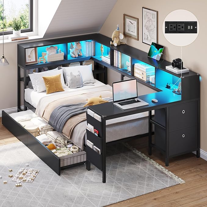 DICTAC Corner Twin Bed Frame with Desk,Charging Station and Bookcase Storage Twin Size Daybed for Kids/Teen with Storage Drawers,Led Lights and Shelves Twin Size Platform Bed Frame with Desk,Black