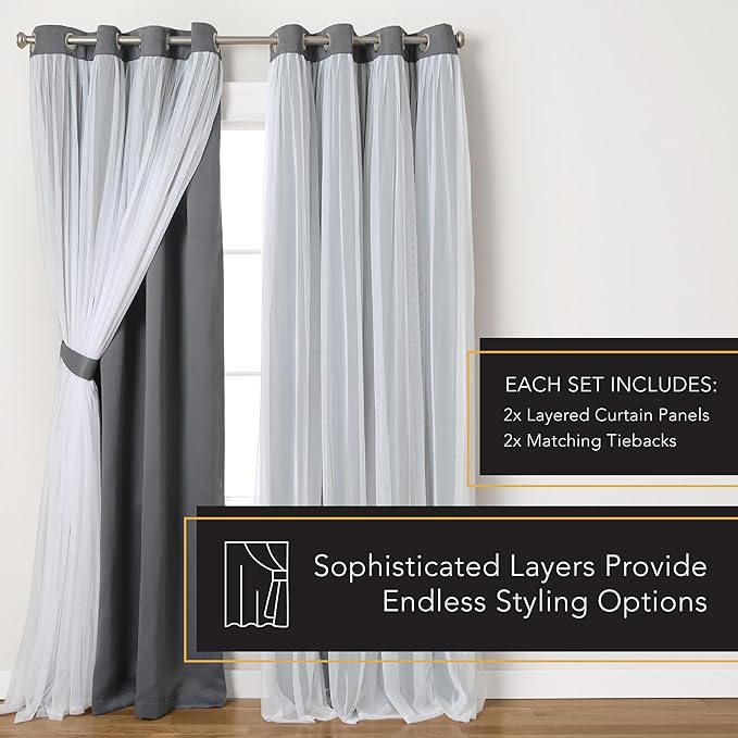 TOWN & COUNTRY LUXE Talia Double Layer Indoor Curtains, Sheer and Room Darkening Blackout, Grommet Top, Energy Efficient, 2-Pack Set, 52"x120", Black Pearl