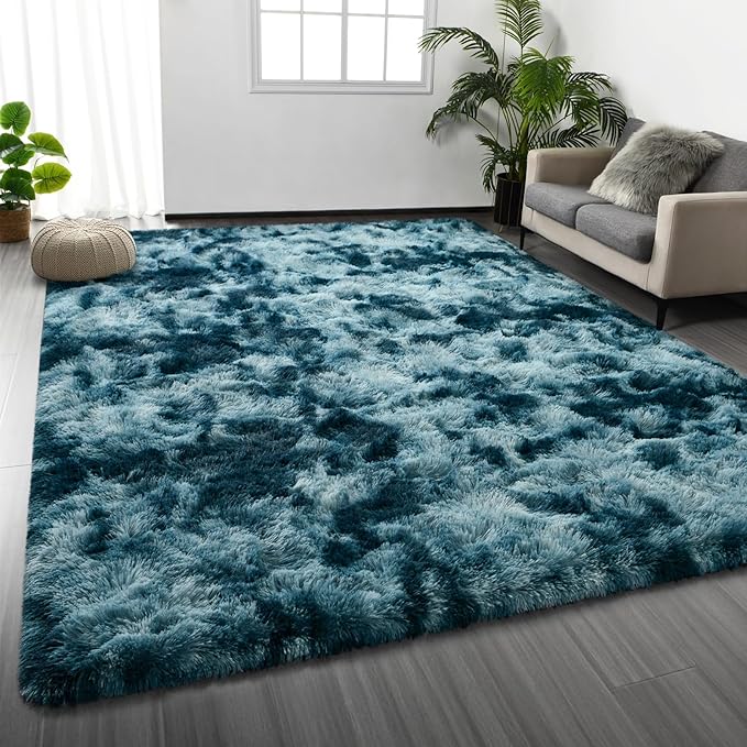 Large Shag Area Rugs 6 x 9, Tie-Dyed Plush Fuzzy Rugs for Living Room, Ultra Soft Fluffy Furry Rug for Bedroom, Indoor Carpet Nursery Rugs for Kids Room Home Decor, Peacock Blue