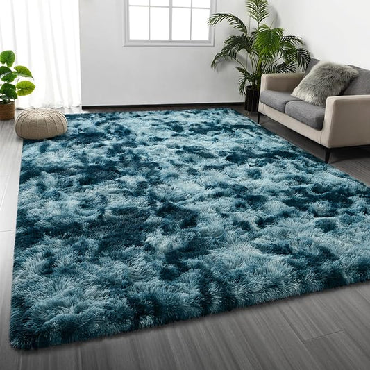 Large Shag Area Rugs 6 x 9, Tie-Dyed Plush Fuzzy Rugs for Living Room, Ultra Soft Fluffy Furry Rug for Bedroom, Indoor Carpet Nursery Rugs for Kids Room Home Decor, Peacock Blue