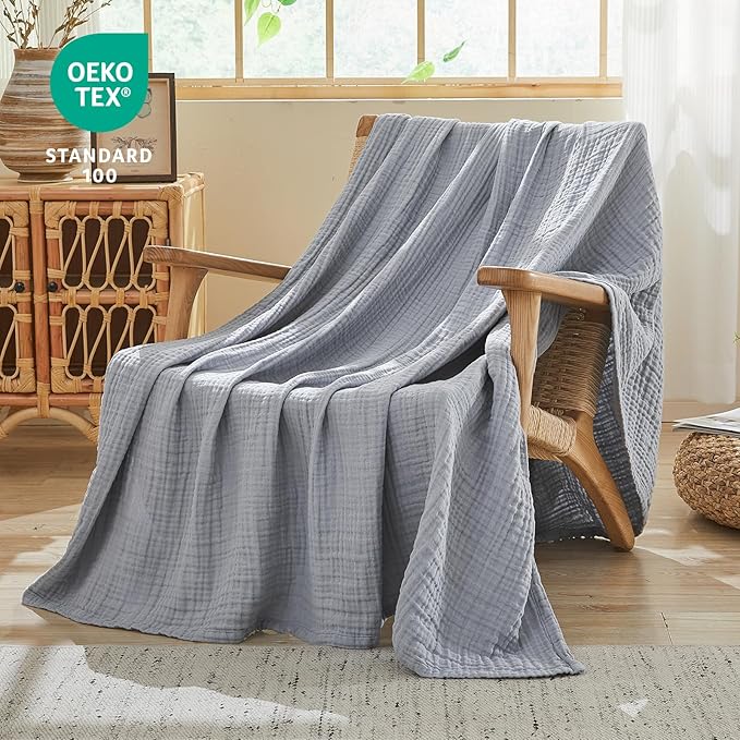 EMME Cotton Muslin Large Throw Blanket Couch Breathable Gauze Blanket Soft Lightweight Bed Blankets Adults (Dusty Blue, 50"x70")