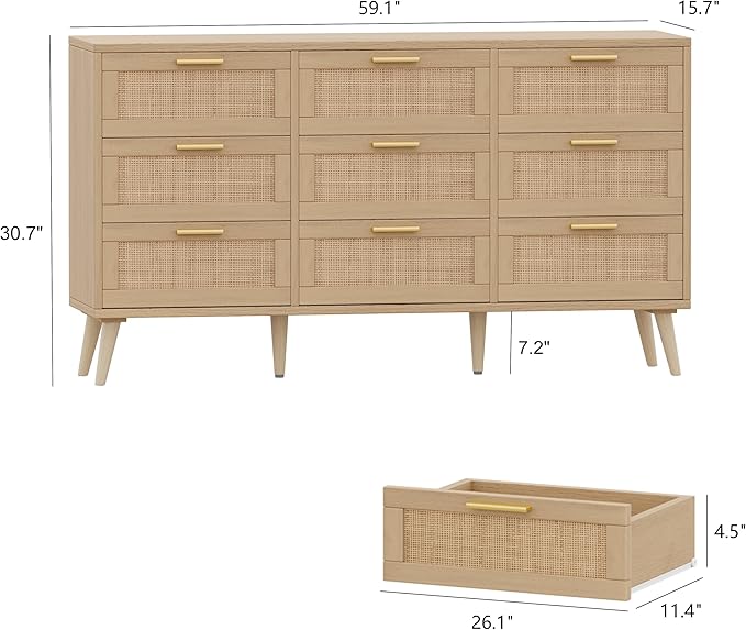 Rovaurx 9 Drawer Double Dresser for Bedroom, Rattan Chest of Dressers, Modern Wooden Dresser Chest with Golden Handles, Beside Table for Closet, Living Room and Entryway, Natural