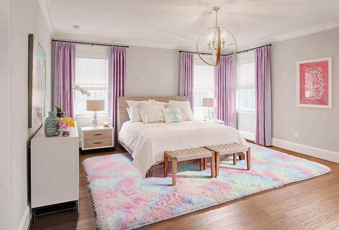 ONASAR Rainbow Area Rugs for Girls Bedroom, 4x6 Fluffy Bedside Colorful Rug, Cute Washable Soft Plush Shaggy Princess Fuzzy Indoor Floor Carpet for Nursery Kids Baby Teen Dorm Playroom Home Decor