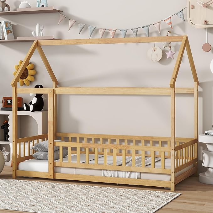 Ball & Cast Twin Size Floor Bed,Montessori Bed with Roof & Safety Guardrails Design,Wooden Toddler House Bed Frame W/Open Door,for Girls Boys,Natural