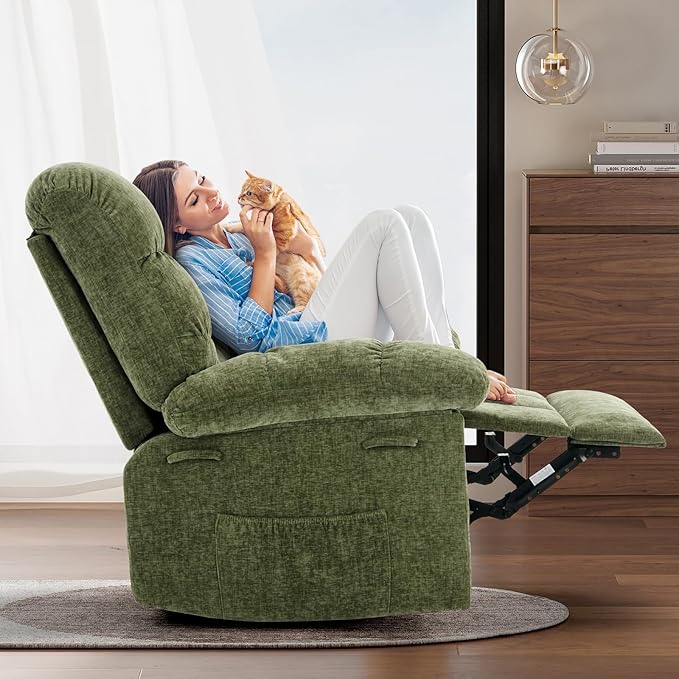 Swivel Recliner Chair, Upholstered Fabric Comfy Rocking Chair, Sturdy Q235 Steel Frame Nursery Glider, 300 LBS Capacity, for Small Spaces, Living Room, Bedroom, Green