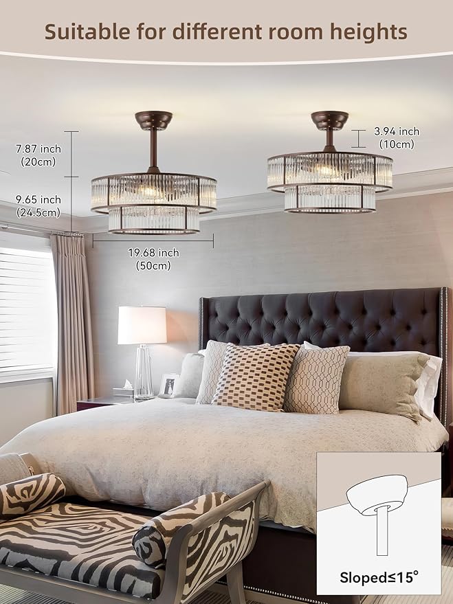 Brown Fandelier Ceiling Fans with Lights, 20" Brown Crystal Chandelier Ceiling Fan with Light Remote Control, Caged Mid Century with 6 Speeds for Bedroom, Living Room, Nursery
