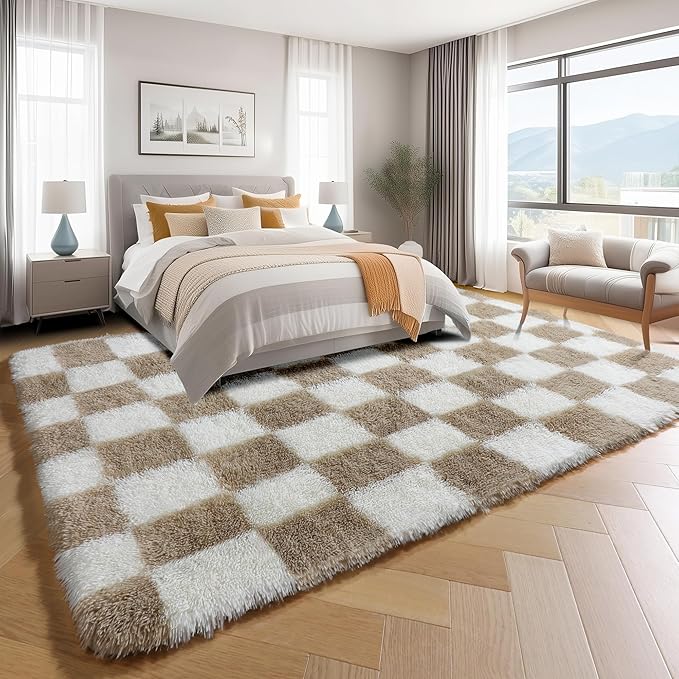 KICMOR Living Room Rug 7x9 Area Rug, Large Fluffy Shag Shaggy Fuzzy Checkered Bedroom Carpet, Beige and Cream White Big Indoor Soft Plush Rugs for Kids Boys Girls Dorm Nursery Home Decor Aesthetic