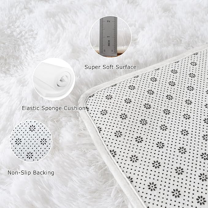 2x6 Fluffy Area Rug - Soft Shag Runner Rug for Bedroom - Non Slip Runner Living Room Rug Plush Carpet Runner White