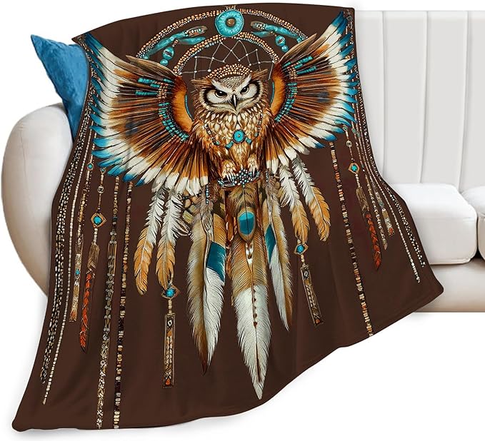Owl Blanket Native American Decor Throw Blanket Super Soft Flannel Lightweight Fluffy Plush Fuzzy Fleece Indian Blanket Gifts for Girl Woman Adults Man Boys Kids Baby for Bed Sofa 40"X50"