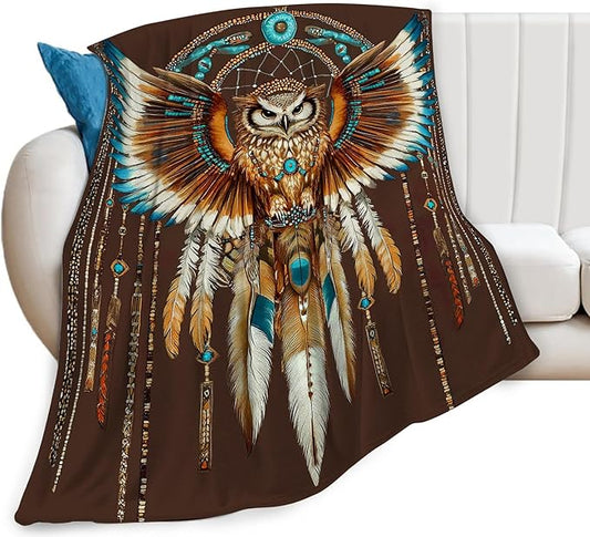 Owl Blanket Native American Decor Throw Blanket Super Soft Flannel Lightweight Fluffy Plush Fuzzy Fleece Indian Blanket Gifts for Girl Woman Adults Man Boys Kids Baby for Bed Sofa 40"X50"