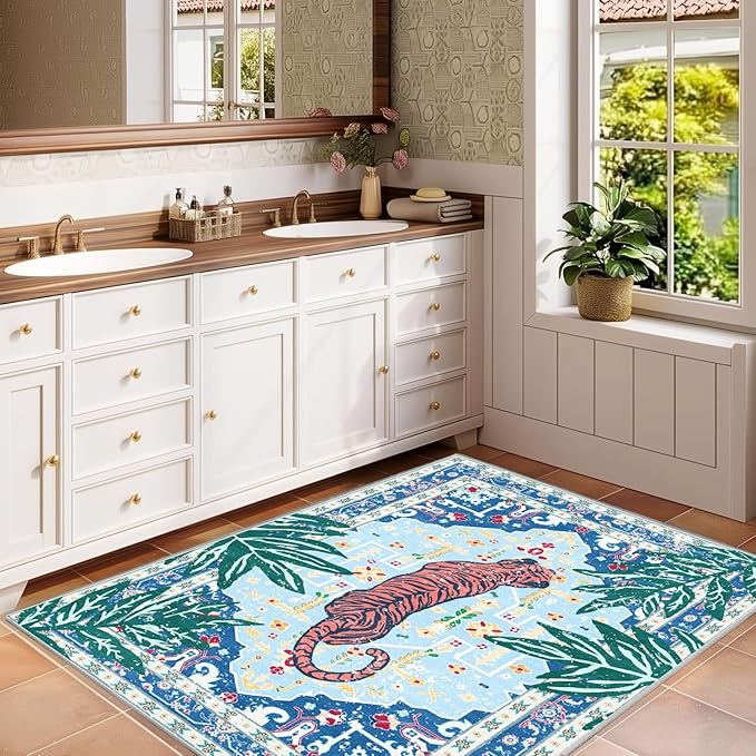 Tiger Rug 3x5 Blue Washable Non-Slip Boho Vintage Jungle Rug Whimsical Animal Print Soft Cozy Tropical Woodland Carpet for Bedroom Laundry Room Kitchen Hallway Entryway