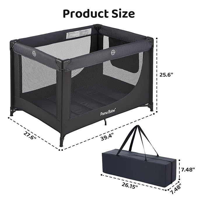 Pamo Babe Portable Crib Baby Playpen with Mattress and Carry Bag Black