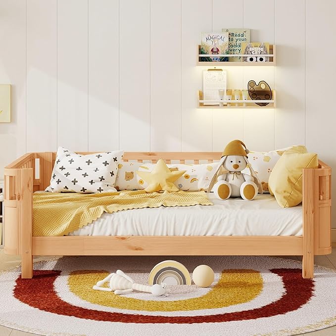 KEIKI Twin Size Wooden Floor Bed w/Removable Rails, Montessori Platform Bed Frame w/Safety Low Profile, Space Saving Corner Kids Beds for Boys Girls Bedroom, No Box Spring Needed, Easy Assembly, Brown