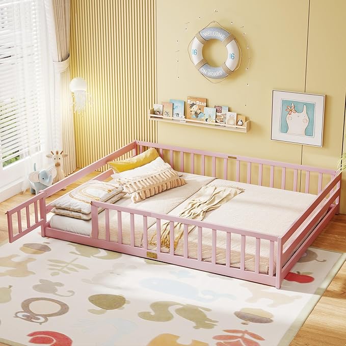 KOMFOTT Queen Size Wood Floor Bed with Door & Fence, Montessori Bed Frame with Full Length Safety Guardrails, Door & Latch, Wooden Montessori Floor Bed for Kids, Girls, Boys (Queen,Pink)