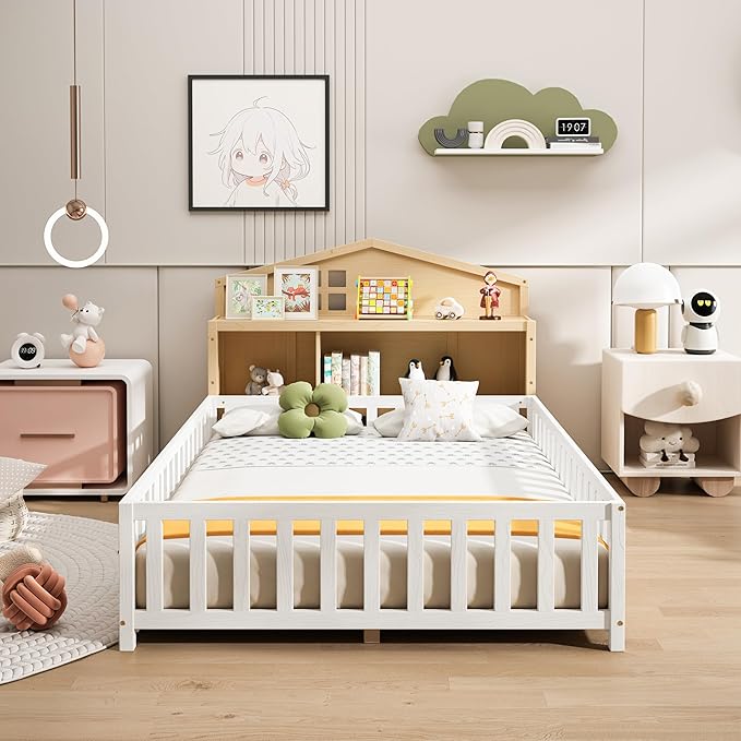 Headboard Storage Cabinet for Full-Size Montessori Floor Bed Natural,Freely Collocation