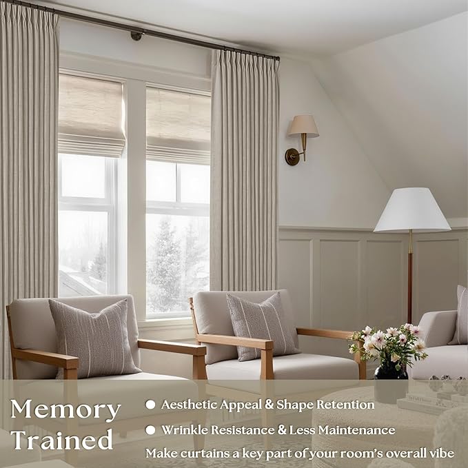 Pinch Pleated Linen Curtains 108 Inches Long for Living Room 2 Panels Set Greyish Beige Flax Double Pleated Drapes Back Tab Farmhouse Ceiling Floor 108 Inch Window Curtains Bedroom Burlywood Birch