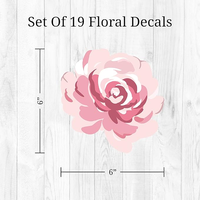 Decalcomania Flower Wall Decals - Set of 19 Pink White Rose Floral Bouquet Wall Stickers for Nursery Bedroom Living Room Decor Removable Peel and Stick Indoor Wall Decor