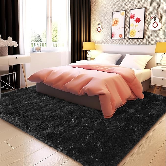 Fluffy Rug Lightweight 6x9 Feet, Black Cool Rugs for Bedroom Non Slip, Soft Fuzzy Aesthetic Rugs for Bedroom Men
