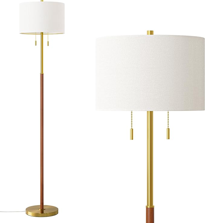 61" Wood Floor Lamp for Living Room 2-Light Standing Tall Lamps Mid Century Modern Floor Lamps for Bedroom Office Nursery Corner Industrial Reading Room Lamp, 3 Color Temperatures 9W Bulbs Included