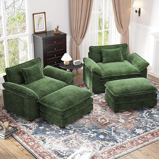 CDCASA Oversized Accent Chair with Ottoman, Chenille Comfy Cloud Sofa Chair with Large Seat and Upholstered Armrests, Modern Extra Wide Armchair Reading Chairs for Bedroom, Living Room,Set of 2,Green