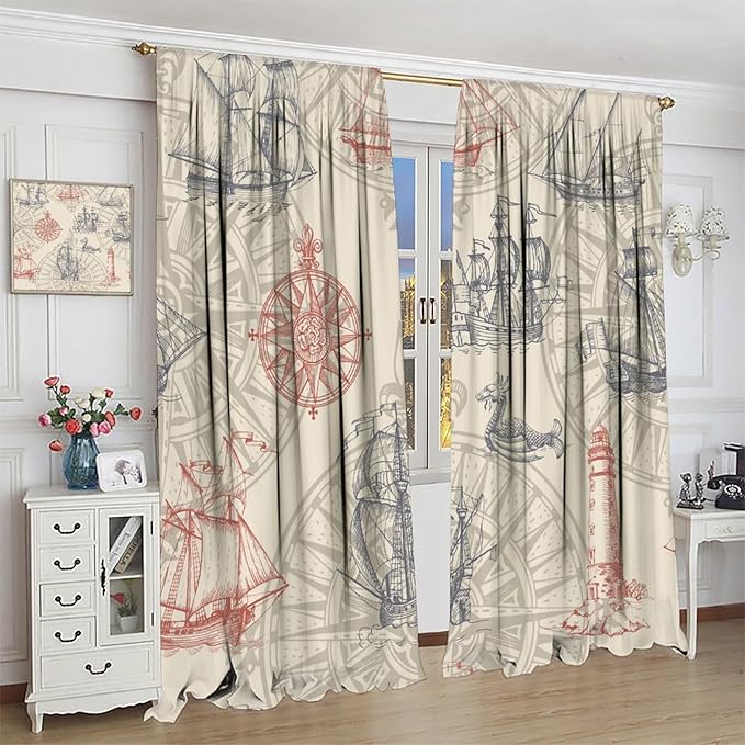 Abstract Nautical Curtain Set Seahorse Curtain for Kids Yellow Polyester Fabric Bedroom Curtain Set 2 Panels,63x63 Inches