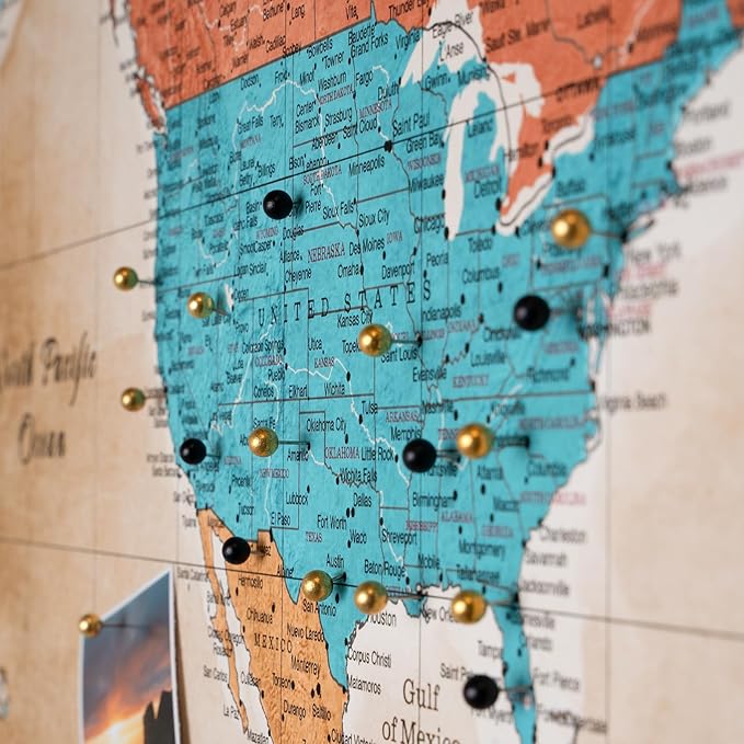 Canvas World Map with Cork Pin Board - English Lettering - Decorative Wall Decoration for All Rooms - Canvas Pictures with World Map Motif (90x60 cm, Pattern 3)