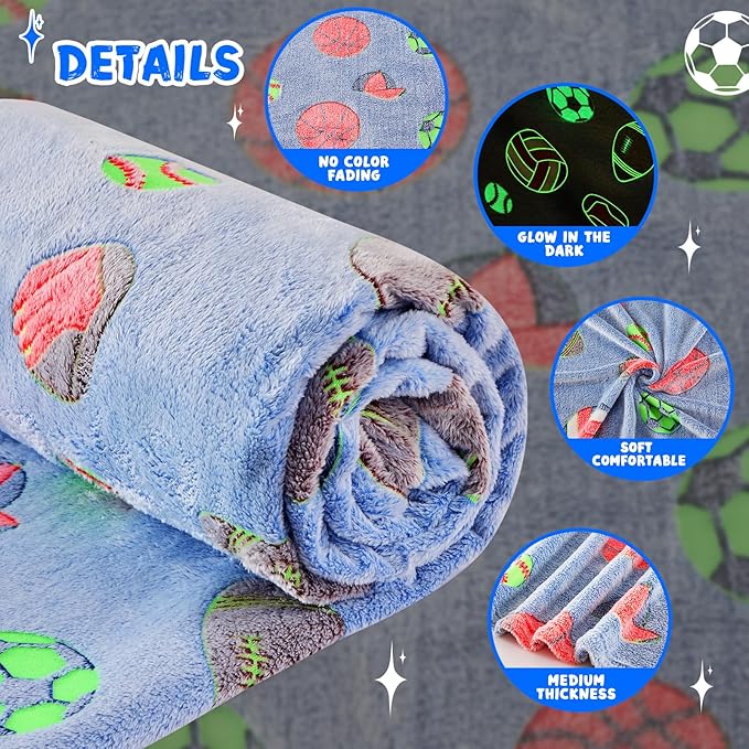 inhand Soccer Glow in The Dark Blanket Blanket Blue Soccer Gift Toys for Boys Girls Teen Soft Cozy Kids Throw Blanket Bedroom Decor,Christmas Easter Birthday Blue 30"x40"