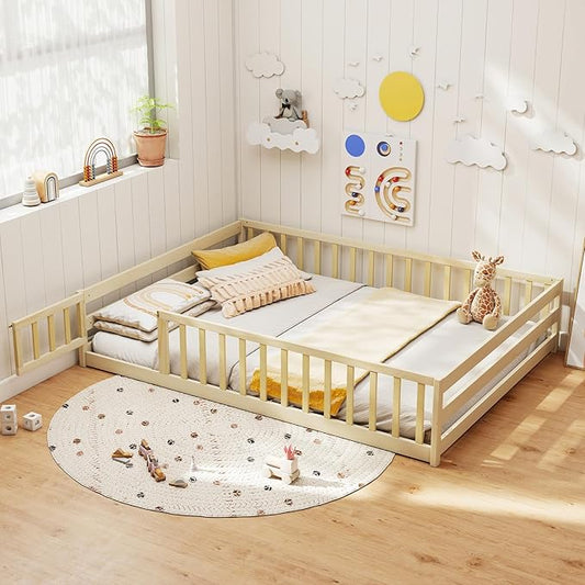 KOMFOTT Full Size Wood Floor Bed with Door & Fence, Montessori Bed Frame with Full Length Safety Guardrails, Door & Latch, Wooden Montessori Floor Bed for Kids, Girls, Boys (Full,Natural)