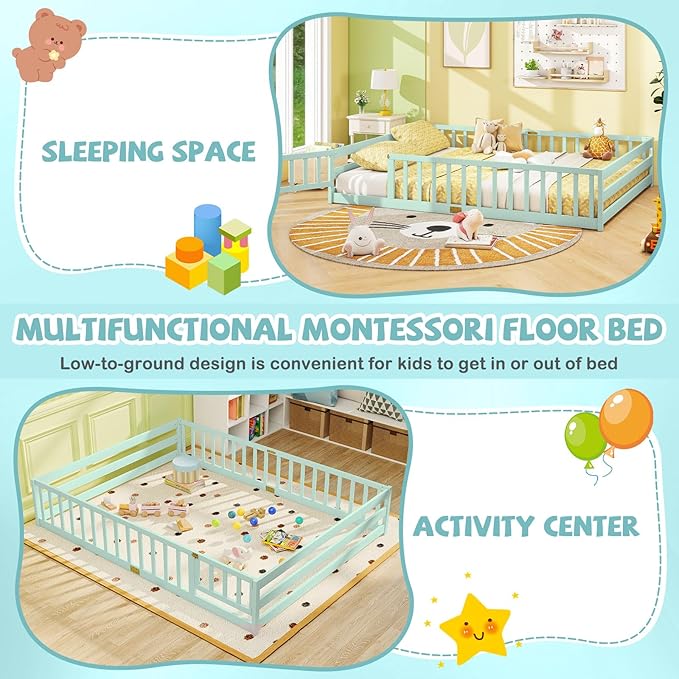 Giantex Queen Floor Bed with Door & Fence, Kids Wood Montessori Beds with Safety Guardrails, Floor Bed Twin for Kids, Boys, Girls, No Box Spring Needed, Mint Sky