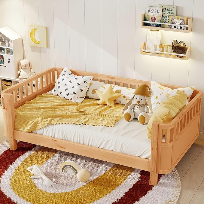 KEIKI Twin Size Wooden Floor Bed w/Removable Rails, Montessori Platform Bed Frame w/Safety Low Profile, Space Saving Corner Kids Beds for Boys Girls Bedroom, No Box Spring Needed, Easy Assembly, Brown